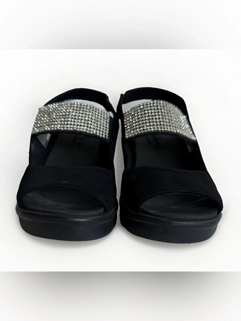 Skechers Luxe Foam Womens 7 Black Rhinestone Wedge Sandals Slingback Open Toe